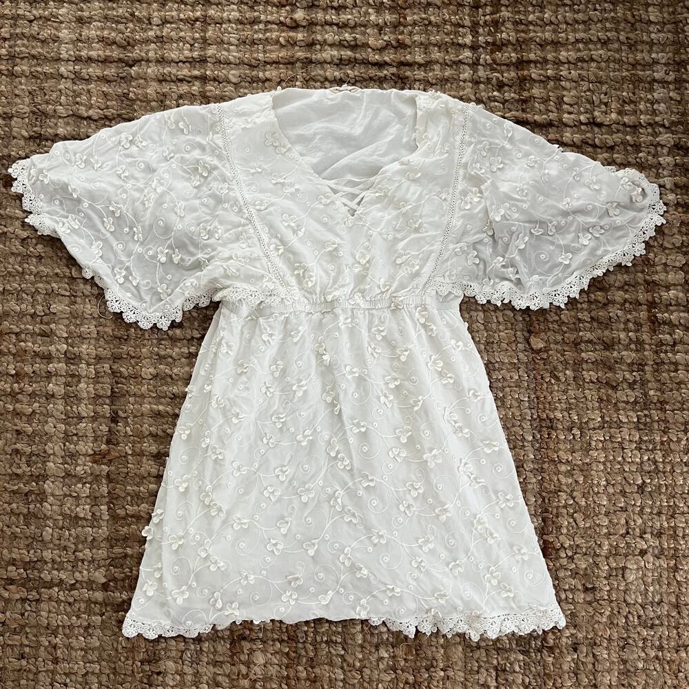 Rocks & Indigo White 3D Floral Embroidered Mini Dress Tunic Cover Up XL Boho